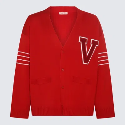 VALENTINO RED AND WHITE WOOL BLEND CARDIGAN