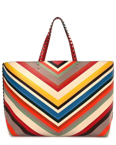 Valentino Garavani Valentino Red Calfskin Leather Striped Large Rockstud Tote (authentic Pre-  Loved) In Multi