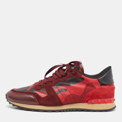 Pre-owned Valentino Garavani Red Camouflage Leather Canvas And Suede Rockrunner Sneakers Size 43