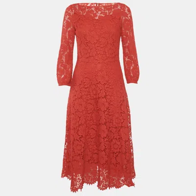 Pre-owned Valentino Red Corded Lace Long Sleeve Midi Dress M