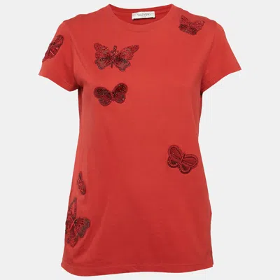 Pre-owned Valentino Red Cotton Butterfly Appliqued T-shirt S
