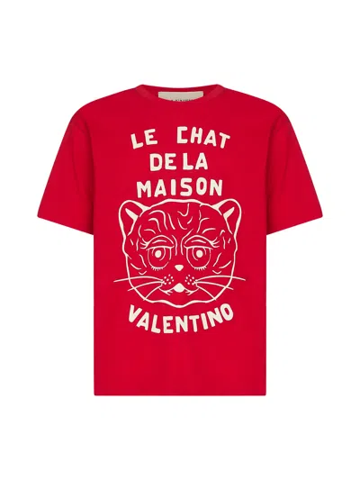 VALENTINO RED COTTON LE CHAT DE LA MAISON PRINT T-SHIRT