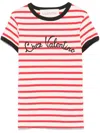 Valentino Women Ivory Striped Jersey Embroidered T-shirt In Red