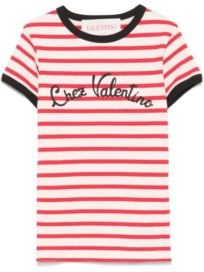 VALENTINO RED COTTON T-SHIRT WITH STRIPED PATTERN
