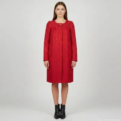Pre-owned Valentino Red Crystal Embellished Wool Blend Jacquard Coat Dress S
