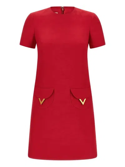 Valentino Womens Paris Pocket-front Short-sleeve Wool-blend Midi Dress In Red