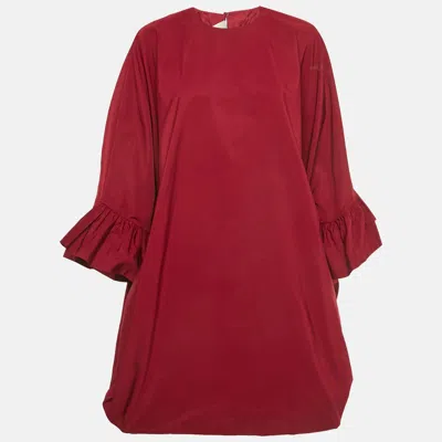 Pre-owned Valentino Red Gabardine Gathered Sleeve Oversized Mini Dress S