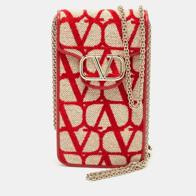 Pre-owned Valentino Garavani Red Iconographe Canvas And Leather Phone Crossbody Bag