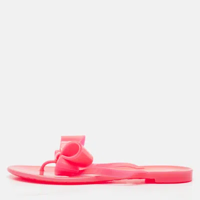 Pre-owned Valentino Garavani Red Jelly Bow Accents Slide Flats Size 37