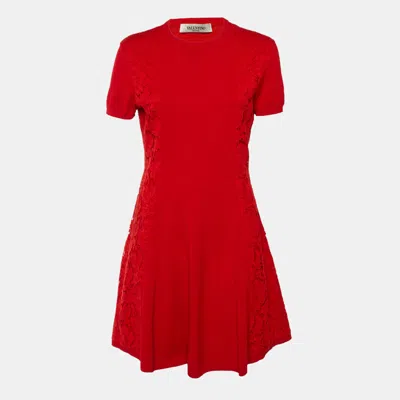Pre-owned Valentino Red Knit & Lace Panel Detail Mini Dress L