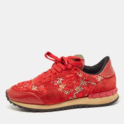 Pre-owned Valentino Garavani Red Lace And Suede Rockrunner Lace Up Sneakers Size 37.5