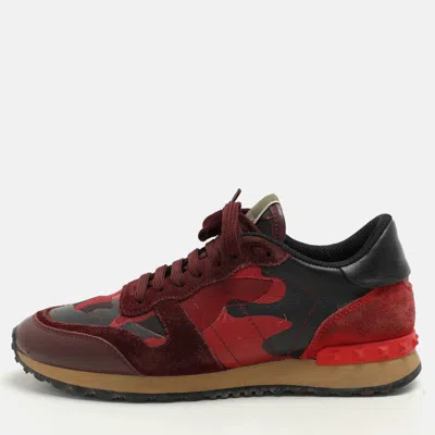 Pre-owned Valentino Garavani Red Leather And Canvas Rockrunner Low Top Sneakers Size 39