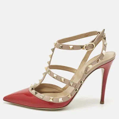 Pre-owned Valentino Garavani Red Leather And Patent Leather Rockstud Pumps Size 39
