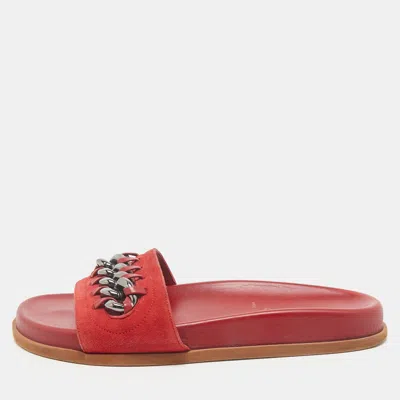 Pre-owned Valentino Garavani Red Leather And Suede Chain Embellished Flat Slides Size 37