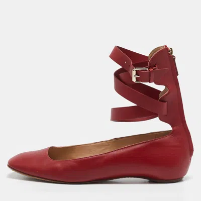 Pre-owned Valentino Garavani Red Leather Ankle Strap Ballet Flats Size 40
