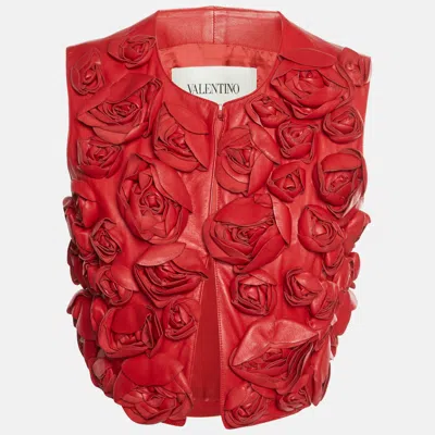 Pre-owned Valentino Red Leather Floral Applique Cropped Jacket M
