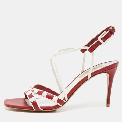 Pre-owned Valentino Garavani Red Leather Free Rockstud Crisscross Slingback Sandals Size 36.5