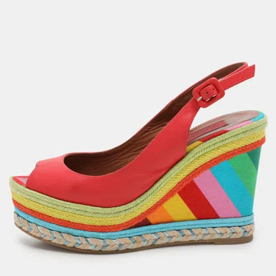 Pre-owned Valentino Garavani Red Leather Peep Toe Slingback Rainbow Wedge Sandals Size 38.5