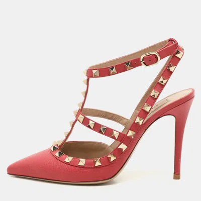 Pre-owned Valentino Garavani Red Leather Rockstud Ankle Strap Pumps Size 36