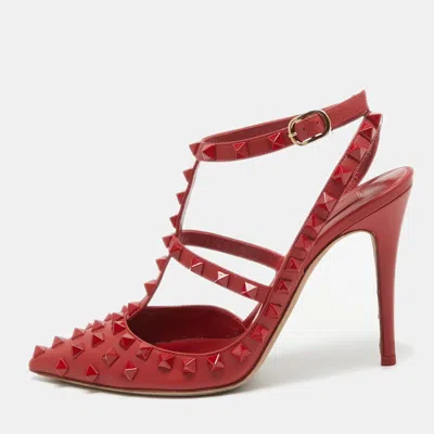 Pre-owned Valentino Garavani Red Leather Rockstud Ankle Strap Pumps Size 37