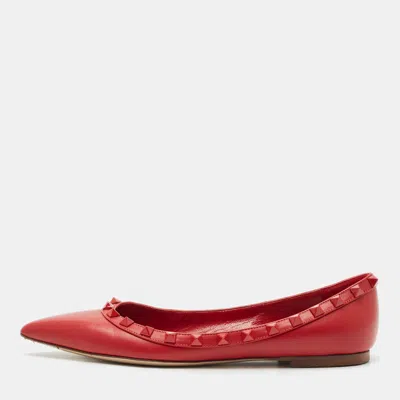 Pre-owned Valentino Garavani Red Leather Rockstud Ballet Flats Size 37