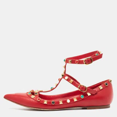 Pre-owned Valentino Garavani Red Leather Rockstud Ballet Flats Size 37