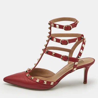 Pre-owned Valentino Garavani Red Leather Rockstud Caged Pumps Size 37.5