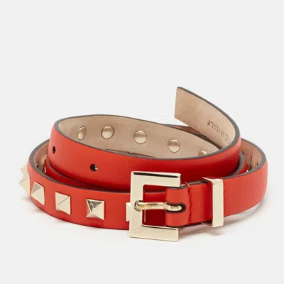 Pre-owned Valentino Garavani Red Leather Rockstud Slim Belt 75 Cm