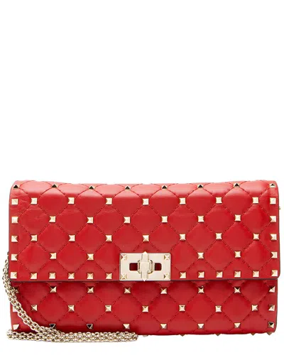 Pre-owned Valentino Garavani Valentino Red Leather Rockstud Spike Wallet On Chain (authentic Pre-loved)