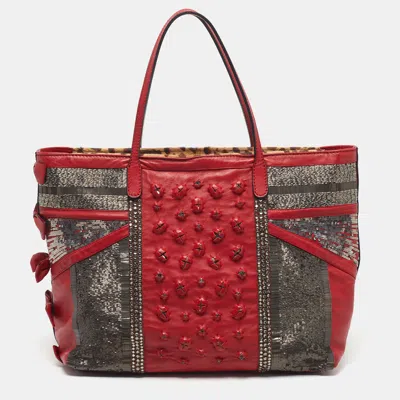 Pre-owned Valentino Garavani Red Leather Sequins And Crystals Zip Shopper Tote