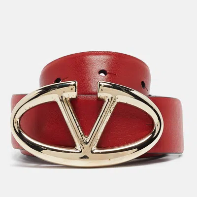 Pre-owned Valentino Garavani Red Leather Vlogo Buckler Belt 95cm