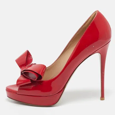 Pre-owned Valentino Garavani Red Patent Leather Bow Peep Toe Pumps Size 38.5