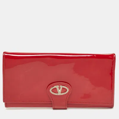 Pre-owned Valentino Garavani Red Patent Leather Crystals Catch Flap Continental Wallet