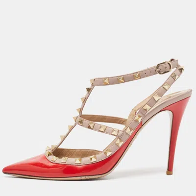 Pre-owned Valentino Garavani Red Patent Leather Rockstud Ankle Strap Pumps Size 42
