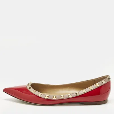 Pre-owned Valentino Garavani Red Patent Leather Rockstud Pointed Toe Ballet Flats Size 40