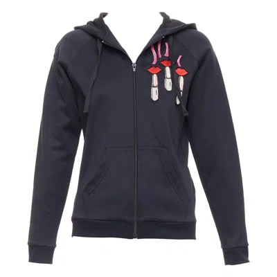 Pre-owned Valentino Red Pink Velvet Lipstick Beaded Applique Black Hoodie S