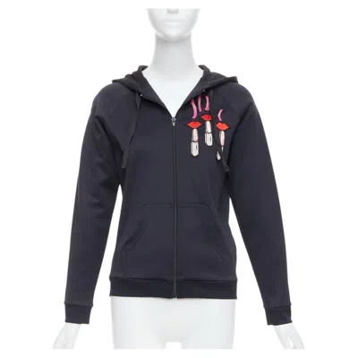Pre-owned Valentino Red Pink Velvet Lipstick Beaded Applique Black Hoodie S