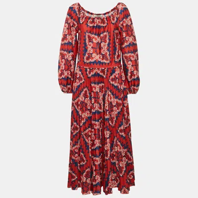 Pre-owned Valentino Red Printed Jersey Pleated Off-shoulder Maxi Dress M