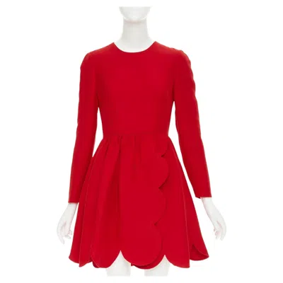 Pre-owned Valentino Red Silk Wool Crepe Scalloped Skirt Detail Flared Dress It40 S