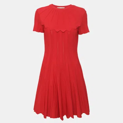 Pre-owned Valentino Red Stretch Knit Scalloped Mini Dress M