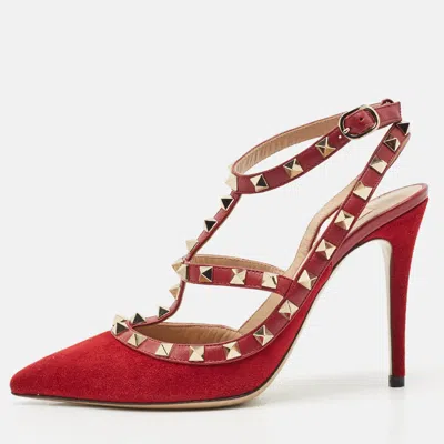 Pre-owned Valentino Garavani Red Suede Rockstud Ankle Strap Pumps Size 37