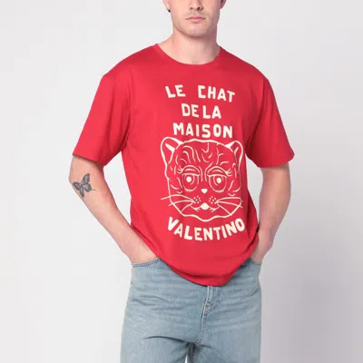 VALENTINO VALENTINO RED T-SHIRT WITH LE CHAT DE LA MAISON PRINT