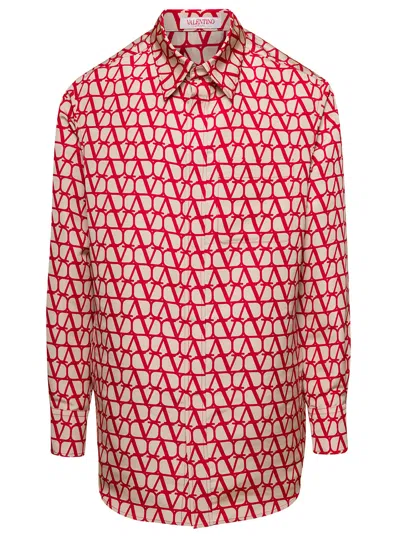 Valentino Red Toile Iconographe Shirt With Logo Print All-over In Silk Man In Beige