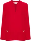 Valentino V-neck Oversized Silk Top With Logo Hardware In Red