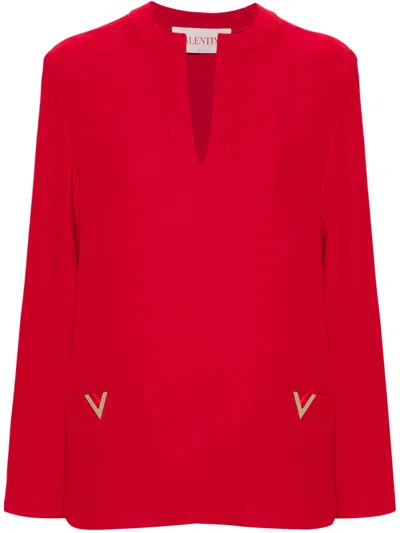 Valentino V-neck Oversized Silk Top With Logo Hardware In Red