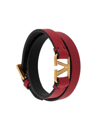 Valentino Garavani Red Vlogo Leather Wrap Bracelet