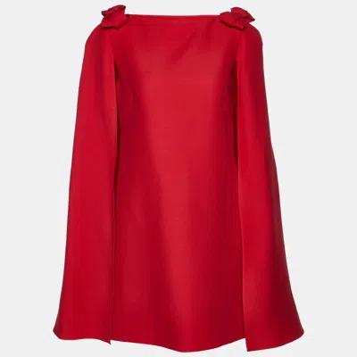Pre-owned Valentino Red Wool & Silk Bow Detail Cape Dress M