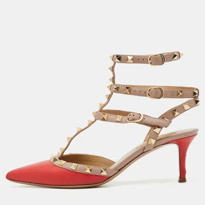 Pre-owned Valentino Garavani Red/beige Leather Rockstud Ankle Strap Pumps Size 37.5