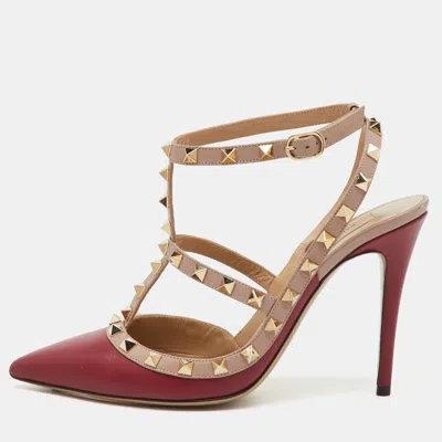 Pre-owned Valentino Garavani Red/beige Leather Rockstud Ankle Strap Pumps Size 39.5