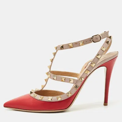 Pre-owned Valentino Garavani Red/beige Leather Rockstud Caged Ankle Strap Pumps Size 39.5